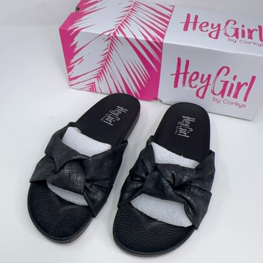 Corkys Staycation Slip-On Slide Sandal Women's Size 6 Black Metallic Bow Comfort